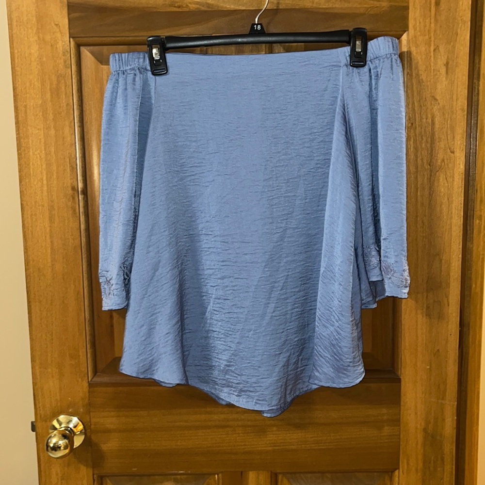 Jennifer Lopez Powder Blue off-the-shoulder Embroidered Bell-Sleeve Blouse